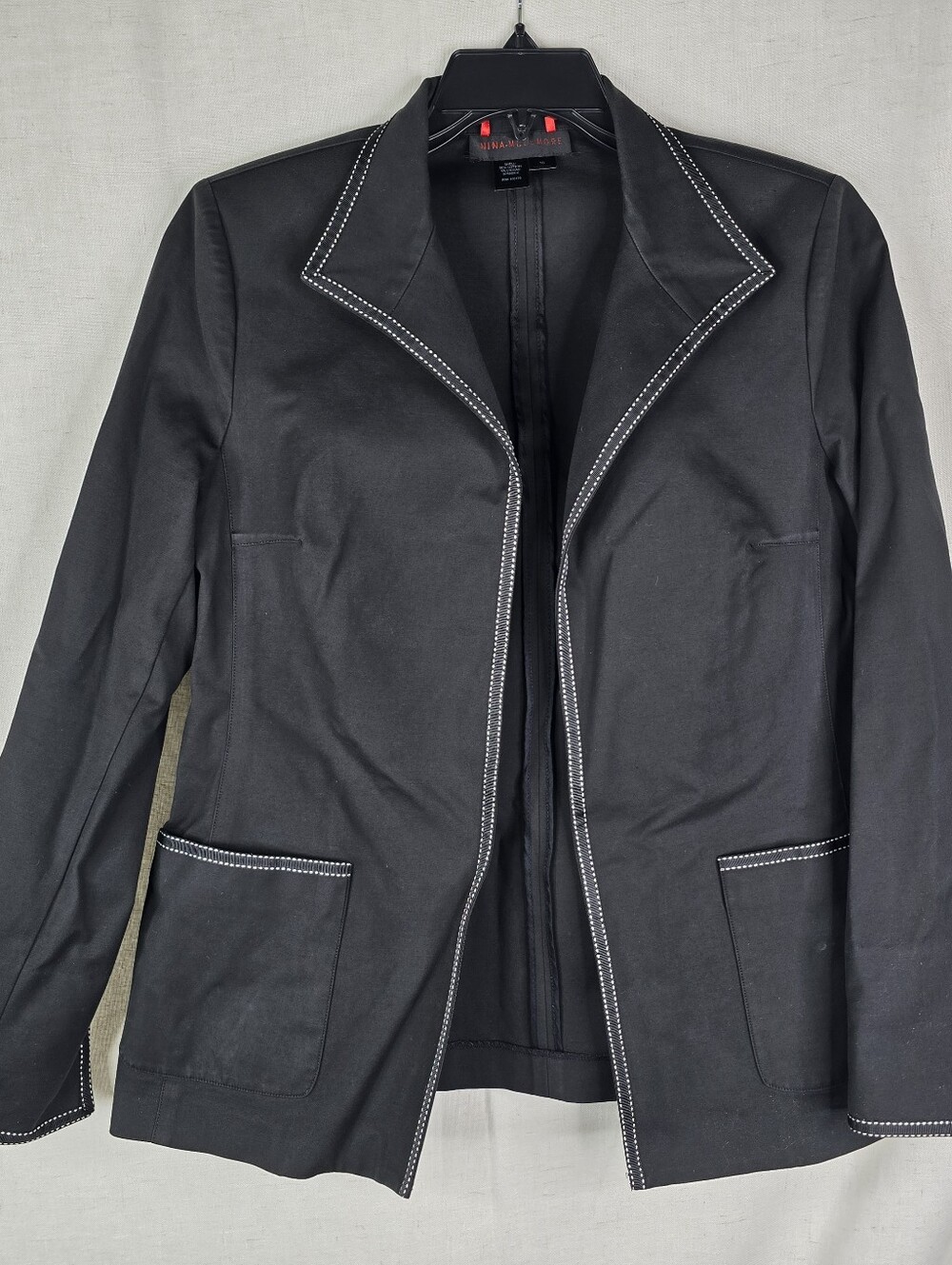 Nina Mclemore Womens Size 10 Black Blazer Open Front White Stitching Jacket